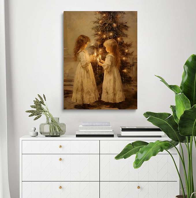 Christmas Wall Decor,Christmas Tree Print,Vintage Christmas Art,Winter Wall Art,Vintage Christmas Painting,Vintage Christmas Cottage core Decor 24x36inch Unframed