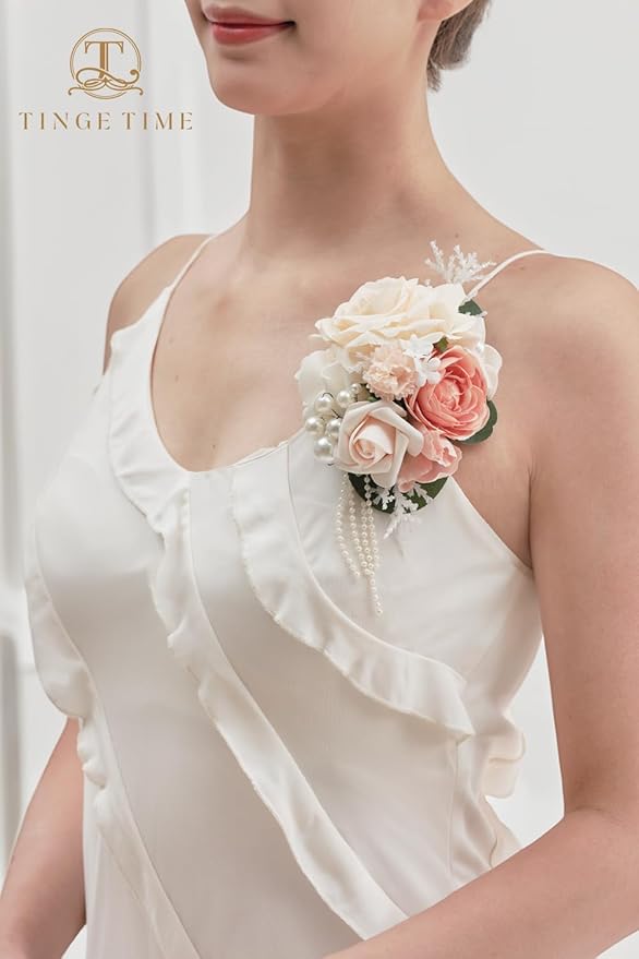 TINGE TIME Artificial Shoulder Corsages Flowers, Set of 2, Mother of The Bride Floral Corsage for Wedding Ceremony Anniversary Formal Dinner Party (Dusty Rose & Champange)