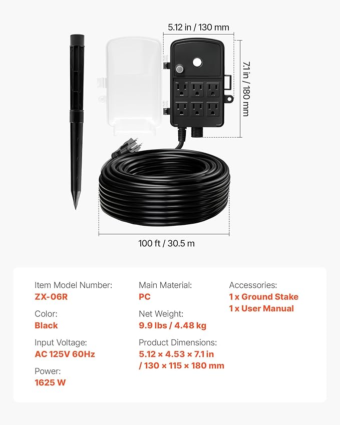 VEVOR Outdoor Power Stake Waterproof, 100 FT Extension Cord, Outdoor Power Strip, Weatherproof with Cover and Overload Protection, 6 Outlets, 13A/1625W for Halloween/Christmas Lights Decorations