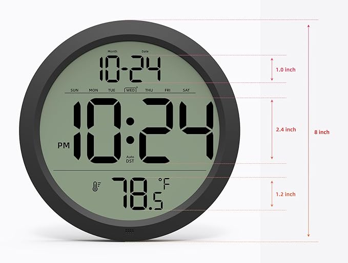 Digital Wall Clock with Date, Indoor Temperature, Auto-DST, Battery-Operated Digital Clock, 8 Inch Small Decorative Wall Clock for Bedroom, Living Room, Home, Kitchen, Office, Modern, Electric, Simple