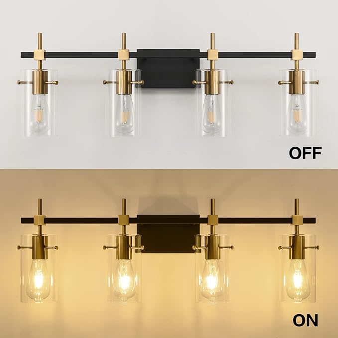 SOLFART Farmhouse Brass Bathroom Vanity Lights fixtures Over Mirror Vintage Bathroom Lighting Wall Sconce with Glass Shade 4 Lights