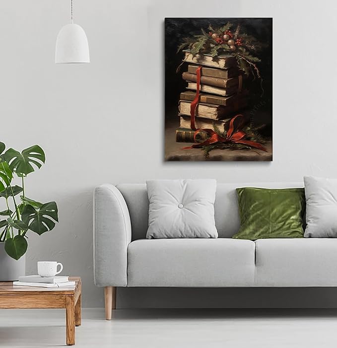 Victorian Christmas Book Stack Wall Art,Book Art,Christmas Still Life Print, Winter Print Oil Painting,Dark Academia,Moody Holiday Art,Christmas Decor For Library Reading Room16x24inch Unframed