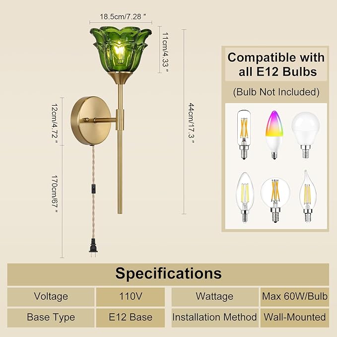 2 Pack Plug in Gold Wall Sconce with Green Glass Shades, Modern Mid Century Bathroom Vanity Wall Light Fixtures, Industrial Brushed Brass Wall Lamp, for Bedroom Mirror Living Room, ETL Listed