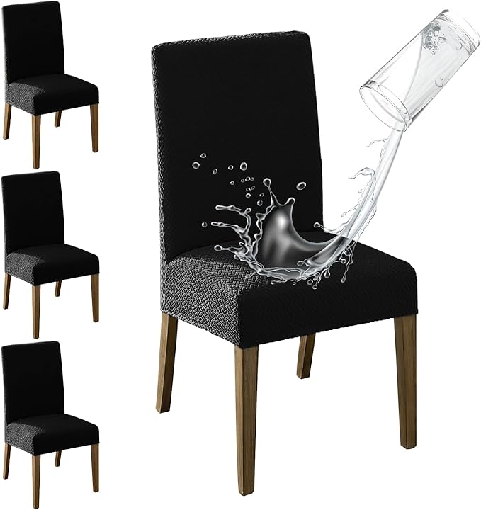 MOSAYT 100% Waterproof Dining Room Chair Covers Set of 4, Super Fit Stretch Jacquard Parson Chairs Slipcovers Removable Washable Chair Seat Protectors for Home, Kitchen, Banquet (Black)