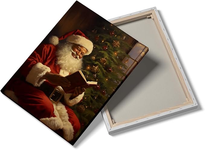 Christmas African American Santa Poster,Christmas Oil Painting Black Santa Reading Print,Vintage Black Santa Print,Christmas Reading Room Library Study Room Decor24x36inch Framed Art