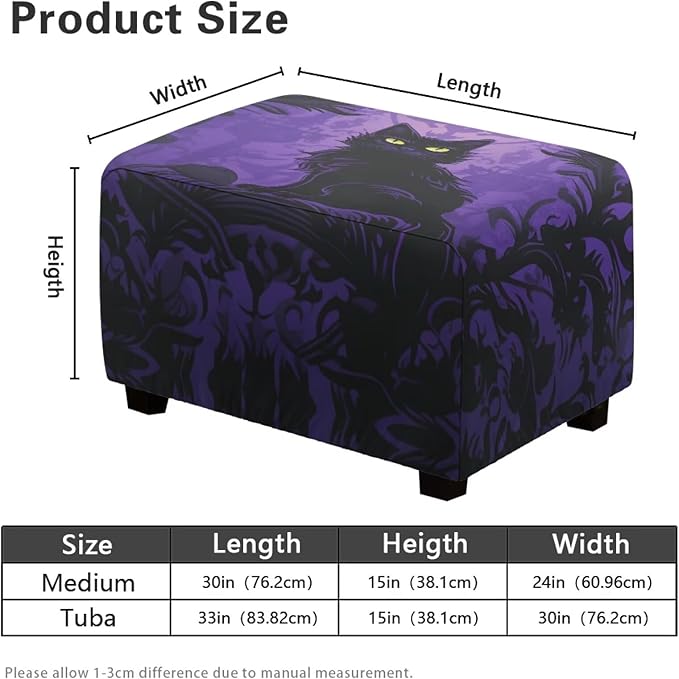 Rectangle Ottoman Cover Black Cat Ultra Stretch Small Ottoman Slipcover with Elastic Band Washable Foot Stool Covers Furniture Protector for Hlloween Home Decor Size L