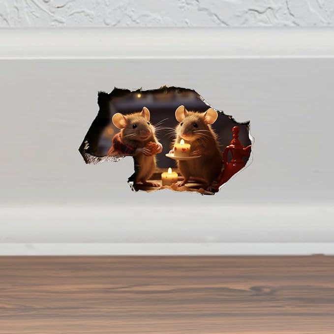 Mouse Hole in Wall Two Mice Around Candle Sticker - Funny Hole in Wall 3D Prank Peel and Stick Sticker Decal - Premium Quality Vinyl Stickers 2-Pack | 5-Inch on Widest Side | Made in USA FHJ1390