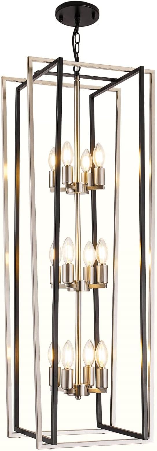 WJShome 12-Light Modern Chandelier, Large Chandeliers for High Ceilings, Farmhouse Foyer Lighting Fixtures, 3 Tier Lantern Pendant Light, Industrial Chandelier for Entryway Staircase, Black & Silver