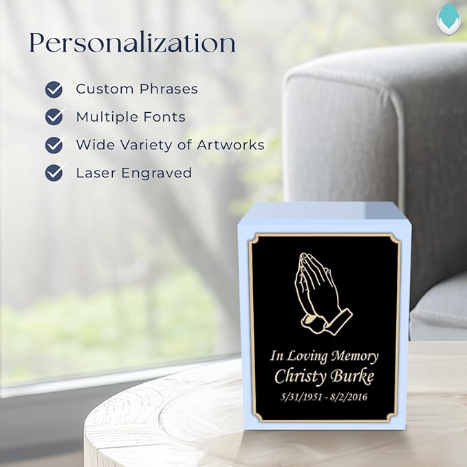 GetUrns Custom Praying Hands Small Urn Box for Human Ashes I Personalized Wooden Keepsake Cremation Urn for Male or Female I Light Blue Memorial Box I 40lbs