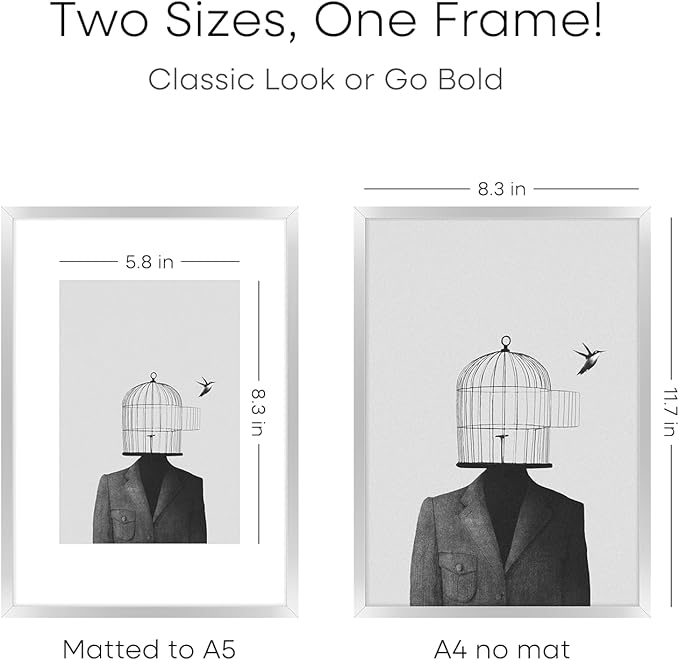 Homeforia A4 Picture Frame Silver, High End Metal 8.3 x 11.7 inch Silver Poster Frames with Mat 5.8 by 8.3 Art, A4 Frame Matted to A5 Photo, 8.3x11.7 Wall or Tabletop Frames, Tempered Glass, Set of 2