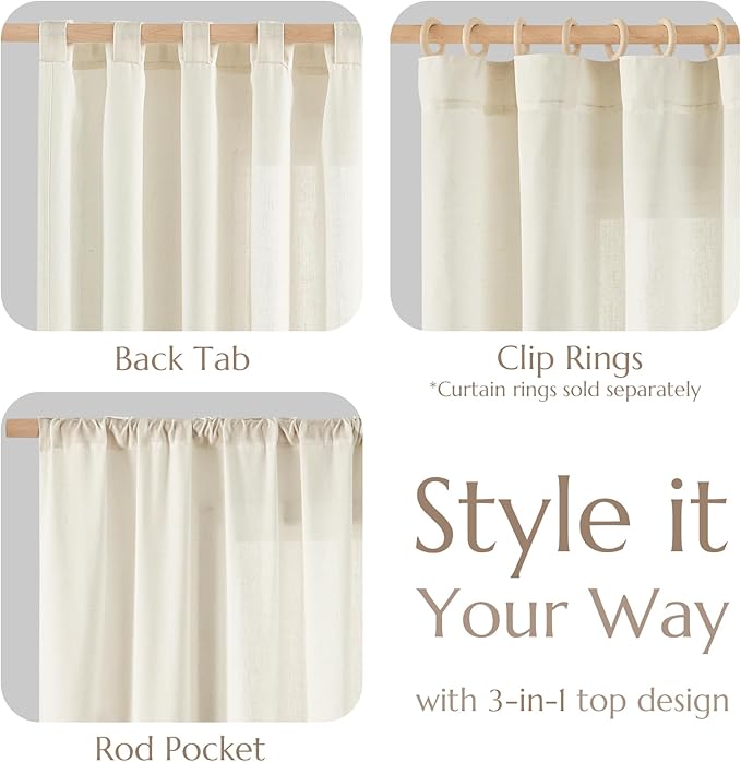 jinchan Linen Blend Curtains 90 inch Length 2 Panels for Bedroom Living Room, Light Filtering 50 inch Wide Farmhouse Drapes with Rod Pocket Back Tab(50W x 90L, Ivory)