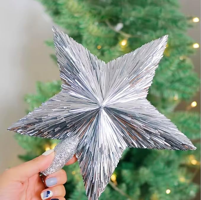 10" Elegant Christmas Star Tree Topper - Classic Star Top - Unique Design - Luxury Stars - Handmade Tree Top - Tinsel Decorations - Holiday Decor for Medium and Big Trees - Large 10 inch (Silver)