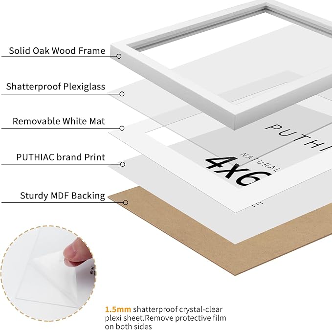 4x6 Oak Wood Picture Frame - 4"x6" Photo Frame, 4x6 Picture Frame Wood, Natural Solid Wooden Picture Frames for Wall Art Photo and Prints(1 Pack, White)