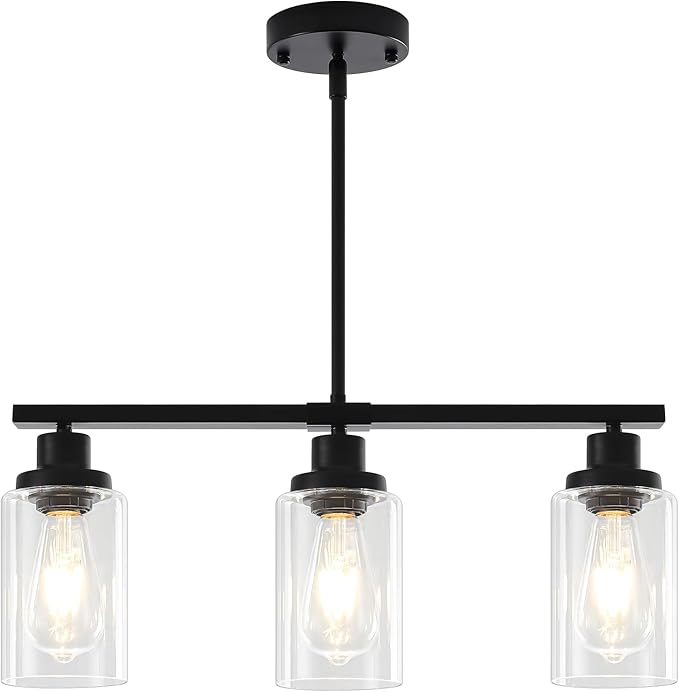 Modern Island Lights for Kitchen Black Dining Room Light Fixtures Over Table 3-Light Farmhouse Linear Chandelier Clear Glass Kitchen Lights Ceiling Adjustable Hanging Pendant Lighting Over Island