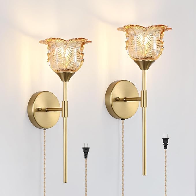 Plug in Gold Wall Sconce Set of 2 with Amber Glass Shades, Modern Mid Century Bathroom Vanity, Wall Light Fixtures, Brushed Brass Wall Lamp, for Bedroom Mirror Living Room, ETL Listed