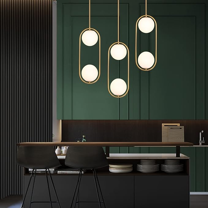 SeeU Modern Pendant Lighting Mid Century Globe Pendant Light Fixture Gold Pendant Chandelier Hanging Lighting Fixture with White Globe Glass Lampshade for Kitchen Island Dining Room Bedroom