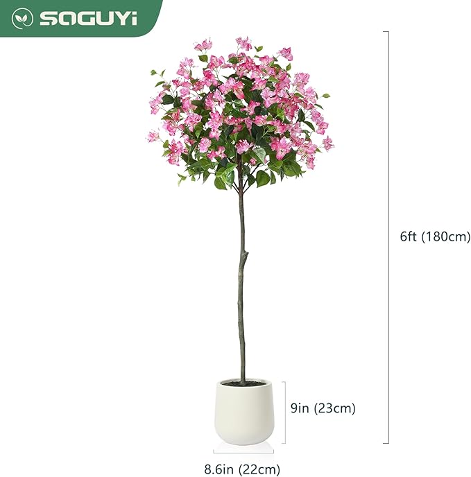 6FT Artificial Bougainvillea Tree- Faux Pink Silk Flowers in White Imitation Ceramic Planter - Fake Plants for Indoor Home Office and Living Room Decor - Perfect Housewarming Gift