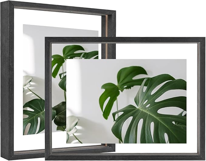 Egofine 8.5x11 Floating Frames Set of 2, Double Plexiglass Picture Frame, Made of Solid Wood Display Any Size Photo up to 8.5x11, Wall Mount or Tabletop Standing, Faded Black