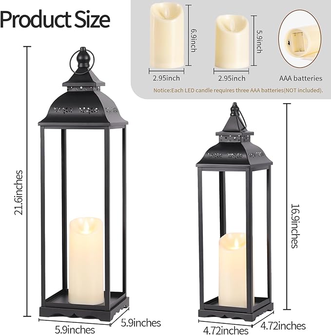 2 Pack Large Lanterns Decorative Indoor, Black Farmhouse Outdoor Lantern for Porch, Tall 22'' 17'' Lantern Decor (no Glass) with 2PCS Flameless Candles for Wedding Home Table Front Door
