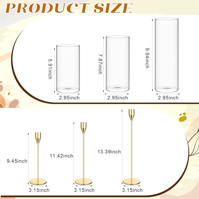 Sieral 12 Sets Gold Taper Candle Holders Glass Cylinder Vase, Candlestick Holders Fits 3/4 Inch Thick Candle, 6, 8, 10 Inch Tall Clear Flower Vase for Table Centerpiece, Dining, Wedding Party Decor