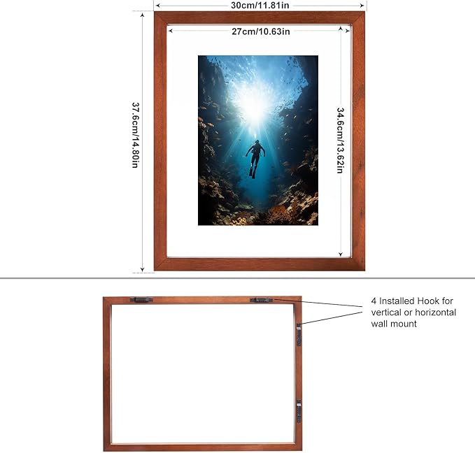 DLQuarts 11x14 Floating Photo Picture Frame, Floating Display for Photos 8x10, 7x9, 5x7, 8.5x11 Certificate, or Full Display for 11x14 Photos, Solid Wood, Double Glass, 2 Pack, Retro Walnut