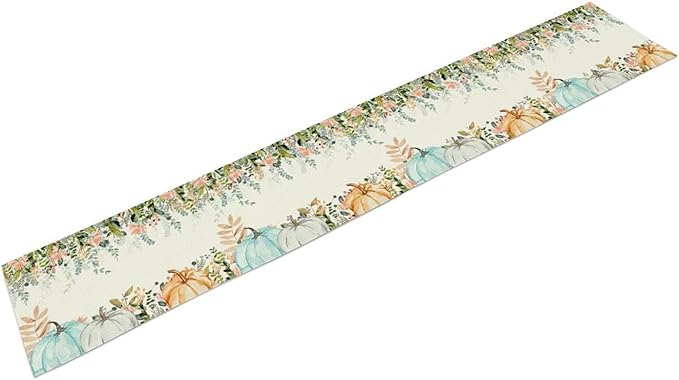 Fall Table Runner Blue Pumpkin Colorful Eucalyptus Leaves Thanksgiving Orange Green Watercolor Illustration Decor for Farmhouse Indoor Outdoor Party Holiday Dining Kitchen Restaurant Cafe W13xL60in