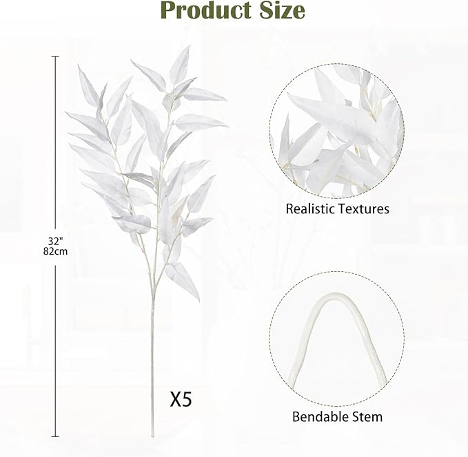DILATATA Faux White Eucalyptus Stems – 32” Artificial Willow Leaves, 5 Pcs Long White Eucalyptus Branches for DIY Bouquets, Centerpieces, Shower & Wedding Decorations