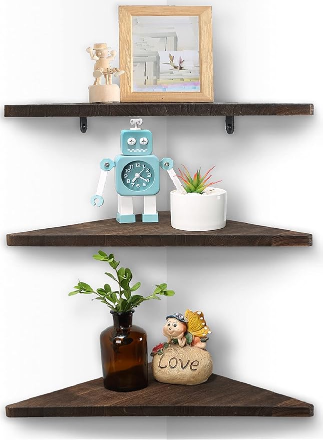 Joiishom Corner Wall Shelf Set of 3, Floating Corner Shelves, Rustic Wood Wall Storage Display Shelves for Living Room, Bedroom, Bathroom, Kitchen (Dark Brown)