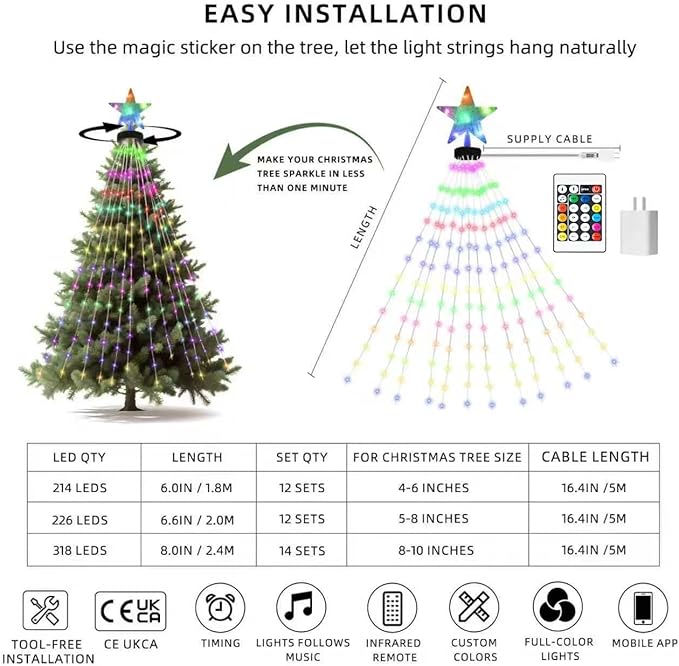 Christmas Tree Lights, 6.6 FT,226 LED RGB Light Beads,Star String Lights Waterfall LED Light String for Christmas Trees Yard Party Holiday Decor, Supports APP/Timer/DIY Mode/Music/Remote