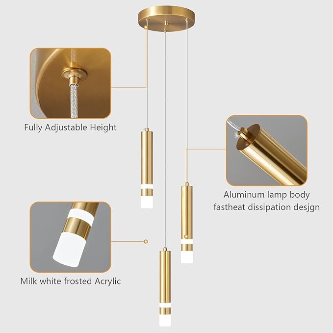 Modern Pendant Light Kitchen Fixture Dimmable LED Gold Mini Pendant Lighting fo Kitchen Island Bedroom Bedside Table Small Pendant Lights (3-Light)