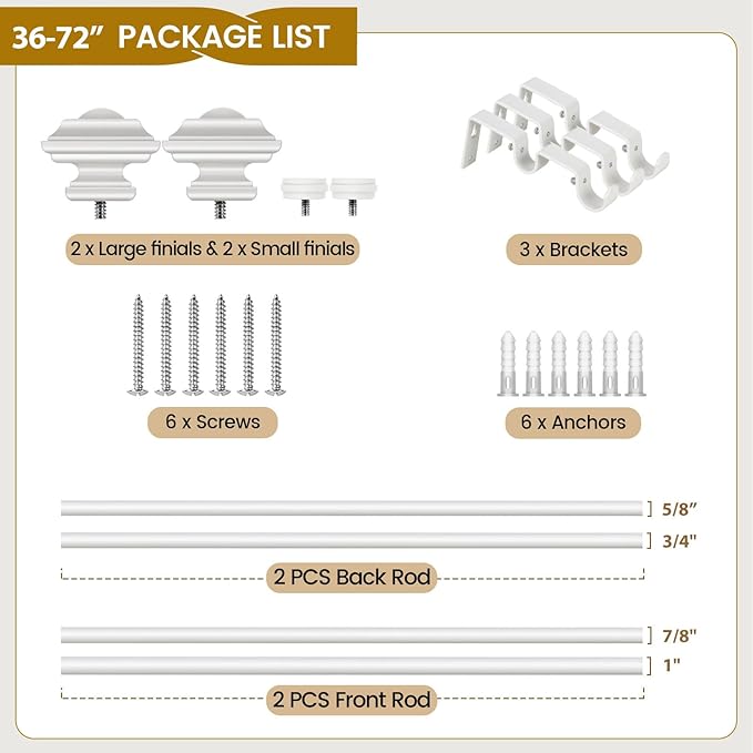 KAMANINA 1 Inch Double Curtain Rods for Windows 36 to 72 Inches (3-6 Feet), Adjustable Heavy Duty Drapery Rod, Telescoping Dual Curtain Rod with Square Ends, Ivory White