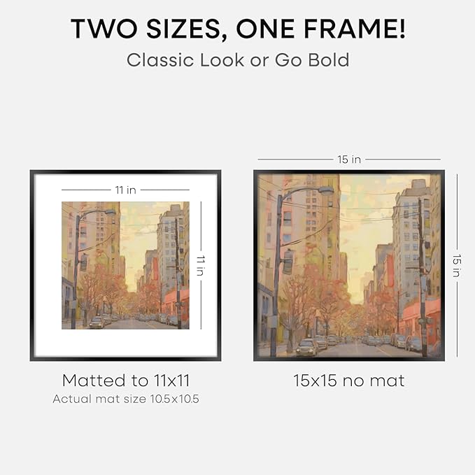 Homeforia 15x15 Picture Frame Black, High End Metal 15 x 15 Square Poster Frames with Mat 11 x 11 Photo, 15x15 Black Frame Matted to 11x11 Print, 15by15 Thin Frames, Tempered Glass, Wall Kit, Set of 3
