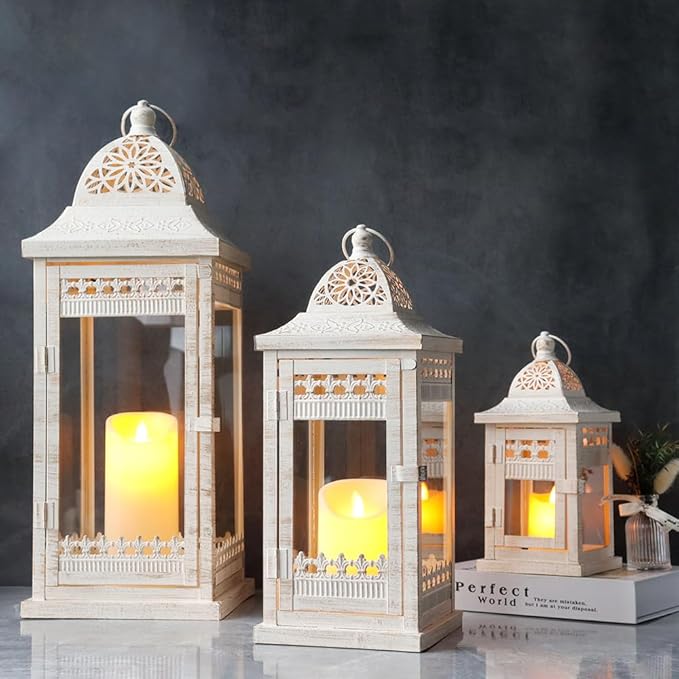 JHY DESIGN Set of 3 Decorative Candle Lanterns 20"&14.5"&9.5" High Vintage Style Hanging Lantern, Metal Candleholder for Indoor Outdoor, Events, Parties and Weddings（Beige with Gold Brush）