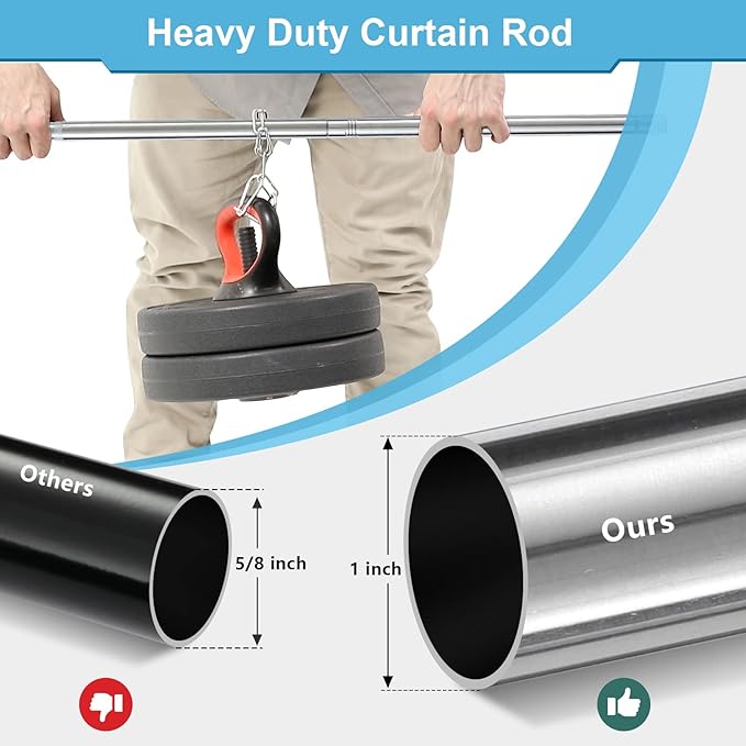 Silver Curtain Rod 66 Inch - 1 Inch Heavy Duty Curtain Rods for Windows - Adjustable Window Rod with Brackets for Bedroom, Living Room, Kitchen, Bathroom
