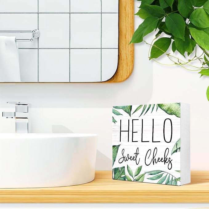 LVQHI Cute Bathroom Shelf Decor, Hello Sweet Cheeks Sign Wooden Box for Shelves Toilet Restroom Tabletop Decoration, Funny Green Plant Bathroom Sign Decor,5'' L x 5" H ﻿