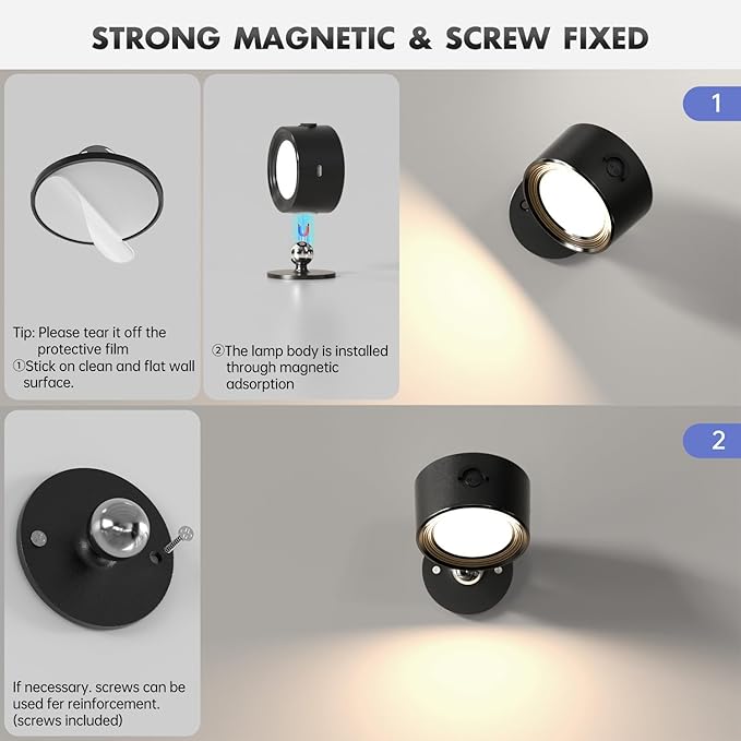 LED Wall Lights with Remote, 1 Pack RGB Rechargeable Wall Mounted Reading Sconces Lamp 3000mAh, 3 Colors & Dimmable Magnetic 360° Rotation Cordless Wall Lighting Spotlights for Bedroom Bedside Hallway