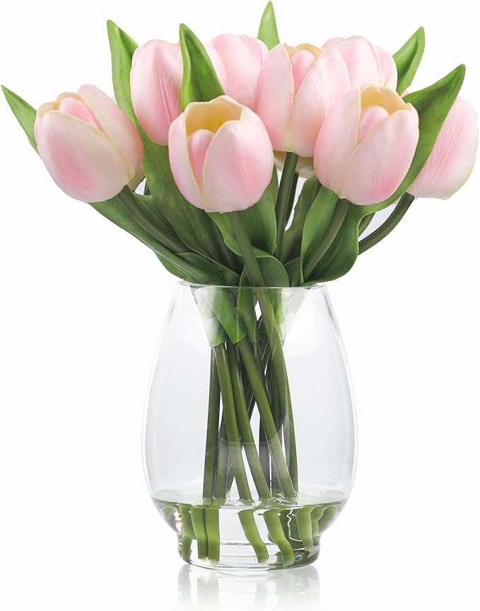 WELL KNOWN 12 Pcs Tulips Artificial Flowers in Vase, Real Touch Tulips with Vase with Upgrate Acrylic Water Flower Arrangements Centerpiece for Dining Room Table Decoration（Pink）