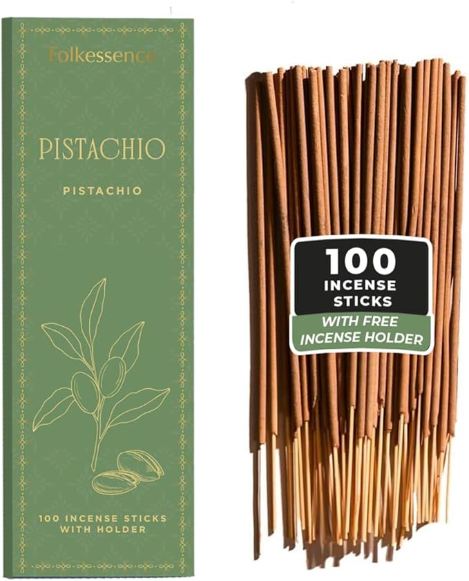 Folkulture Incense Sticks | Set of 100 Insence-Sticks with Holder for Relaxation | Pistachio Fragrance | Organic, Slow Burning & Non Toxic Inscents| Xmas Dessert Inspired for Women