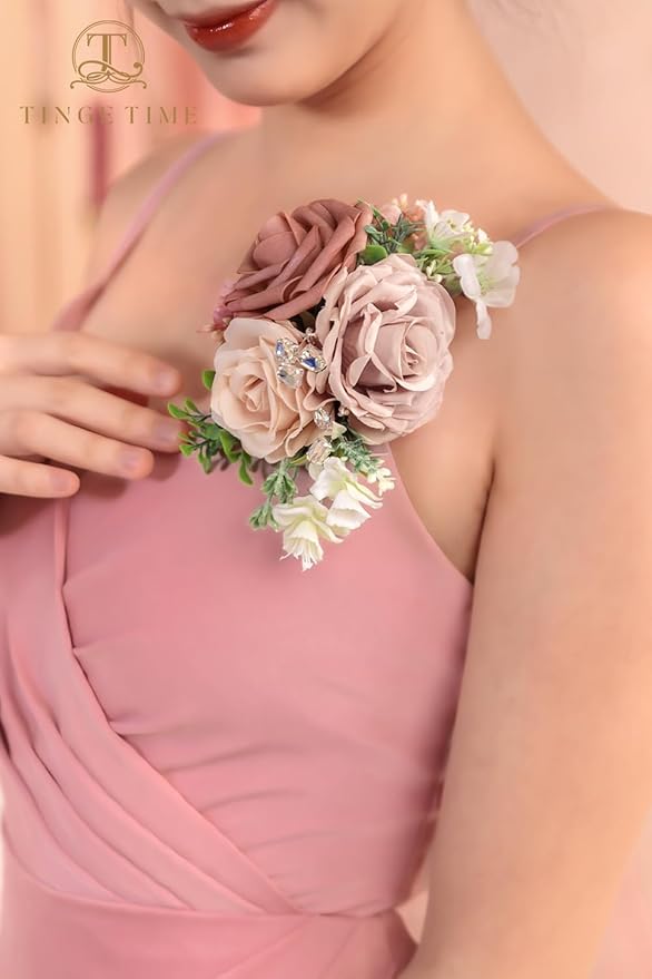 TINGE TIME Artificial Shoulder Corsages Flowers, Set of 2, Mother of The Bride Floral Corsage for Wedding Ceremony Anniversary Formal Dinner Party (Dusty Rose)