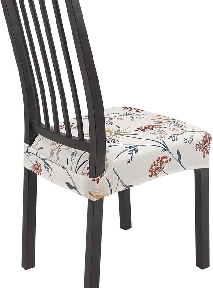SearchI Stretch Dining Chair Seat Covers Set of 6, Soft Removable Washable Seat Covers for Dining Chairs, Dining Room Seat Cover Protector (Rear-Covered, Beige Flower 1)
