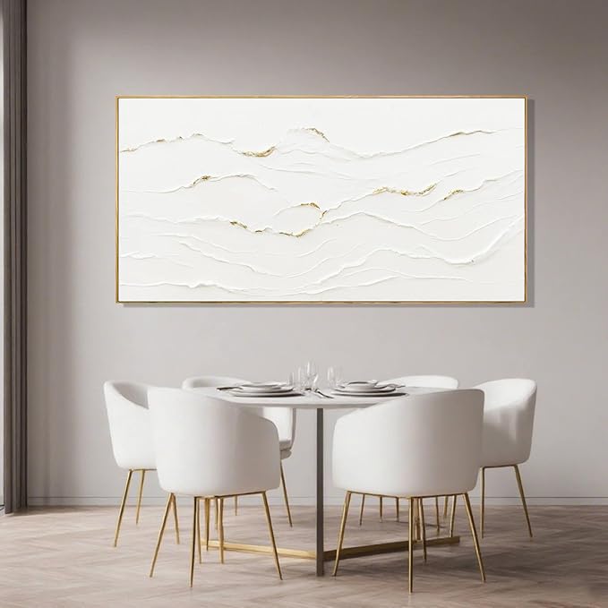 WINKAILIN Minimalist White and Gold Line Artwork with Frame Hand Painted Abstract Canvas Wave Wall Art for Bedroom Living Room Office 24"x48"