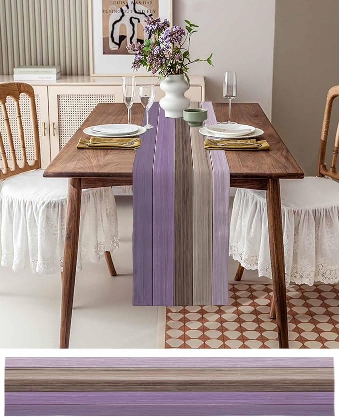Spring Farmhouse Cotton Linen Table Runner Retro Rustic Barn Wood Texture Ombre Lavender Purple Brown Non-Slip Rectangle Party Table Decorations for Kitchen,Home,Dining,Outdoor,13X72 Inches Long