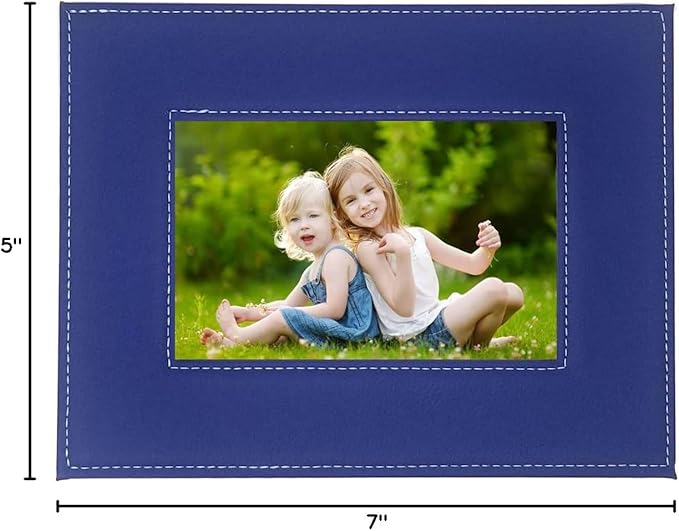 CustomGiftsNow Personalized Add Your Custom Text Engraved Leatherette Faux Leather Hanging/Tabletop Personalized Group Family Photo Picture Frame (Blue, 5x7-inch Horizontal)
