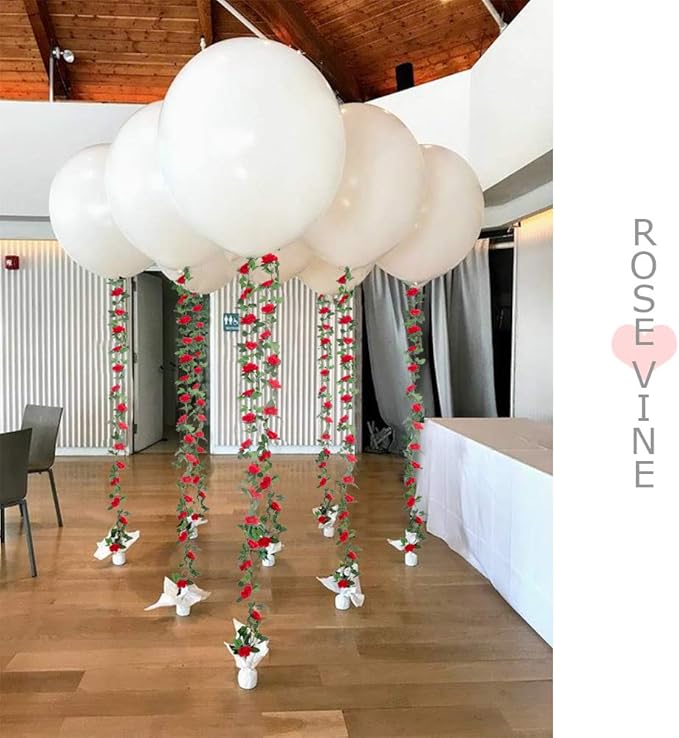 LESING Rose Garlands Artificial Rose Vines, 4PCS(28.8FT) Fake Silk Flower Garland with Greenery Plants Wedding Hanging Flower Vines Garlands for Home Office Arch Garden Decoration (Red)