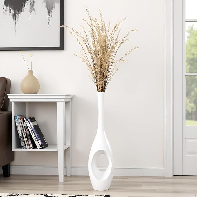 23.6" White Tall Floor Vase – Donut-Shaped Oval Body with Slim 3cm Neck, Modern Tall Decorative Vases for Living Room, Entryway, Office Decor – Resin Floor Vase