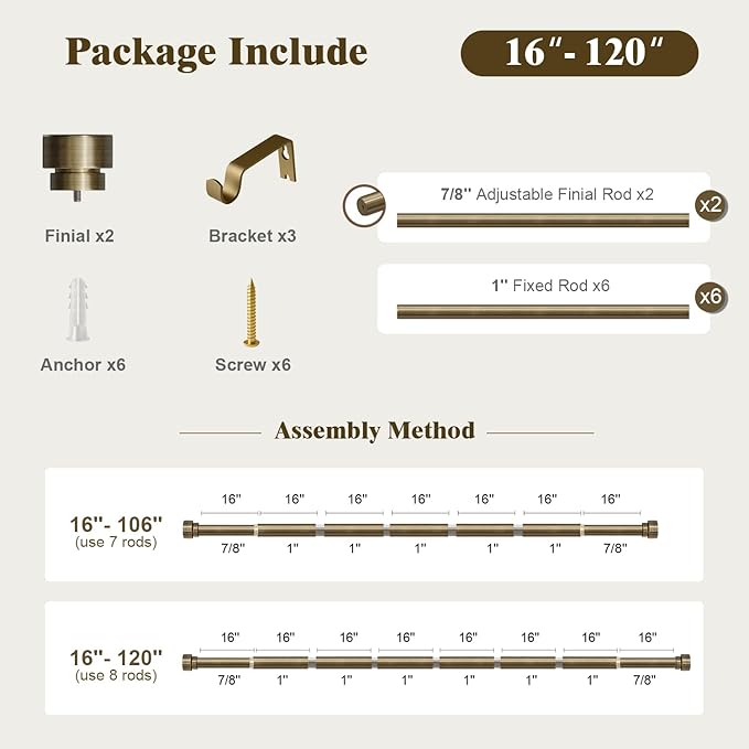 Oneach Heavy Duty Curtain Rods for Windows 66 to 120 Inch, 1 Inch Antique Bronze Curtain Rod, Adjustable Length Rod with Metal Finials, Modern Decor for Bedroom Kitchen Living Room(16 to 120 Inch)