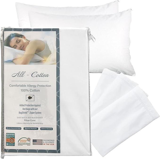 National Allergy Premium 100% Cotton Zippered Pillow Protector - Queen Size - White - 3 Pack - 300 Thread Count - Hypoallergenic Bed Pillowcase with Zipper - Breathable Encasement Cover