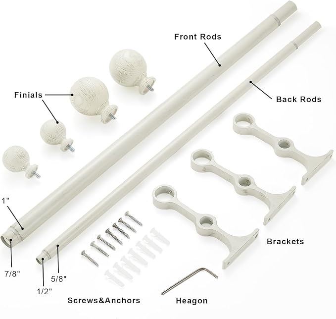 White Wood Grain Window Rods, Double Curtain Rod 72-144” Telescoping Length 1Inch Diameter Front Poles and 5/8Inch Diameter Back Poles