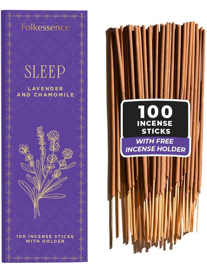 Folkulture Incense Sticks | Set of 100 Insence-Sticks with Holder for Relaxation | Lavender & Chamomile Incense | Organic, Slow Burning, Non Toxic Inscents for Meditation for Women