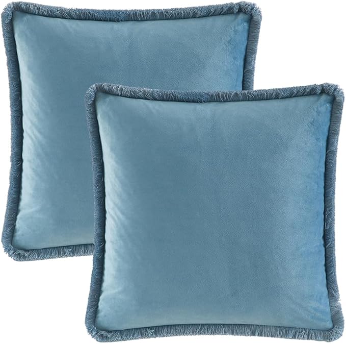 JUSPURBET Aqua Decorative Velvet Fringe Throw Pillow Covers 22x22 Set of 2 Boho Soft Cushion Case for Home Decor Living Room Couch Sofa Bed